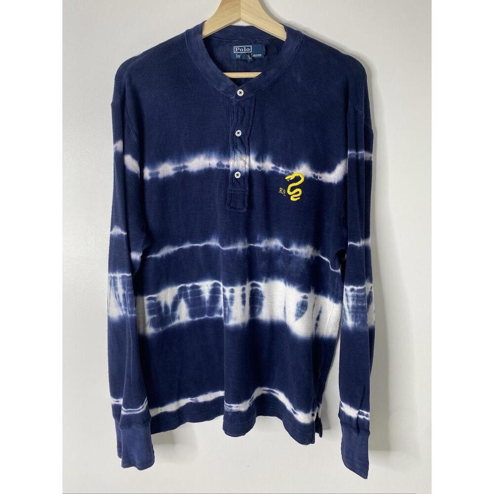 Polo by Ralph Lauren Shirt Mens XL Blue Henley Tie Dye Snake Logo Thermal